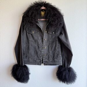Anna Irion Black Mongolian Lamb Trim Collar & Cuff Gray Denim Jacket size Medium